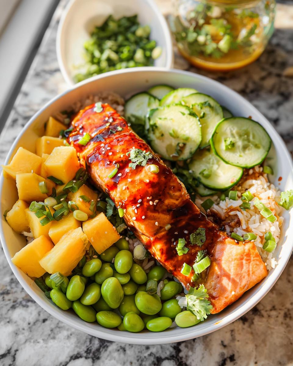A vibrant Salmon Bowl featuring a glazed salmon fillet over rice, topped with pineapple, edamame, and cucumber slices.