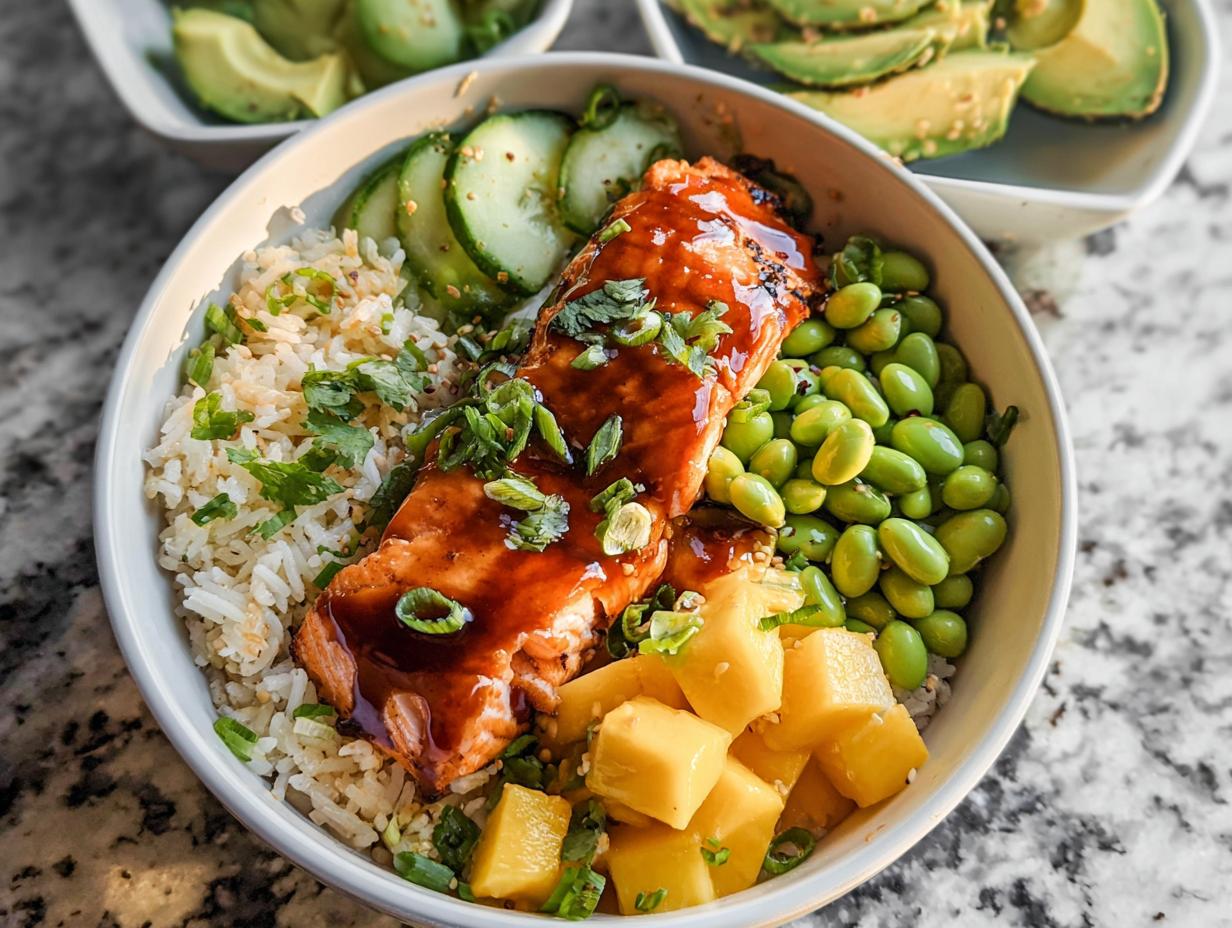 A vibrant Salmon Bowl featuring glazed salmon, rice, edamame, cucumber slices, and diced mango.