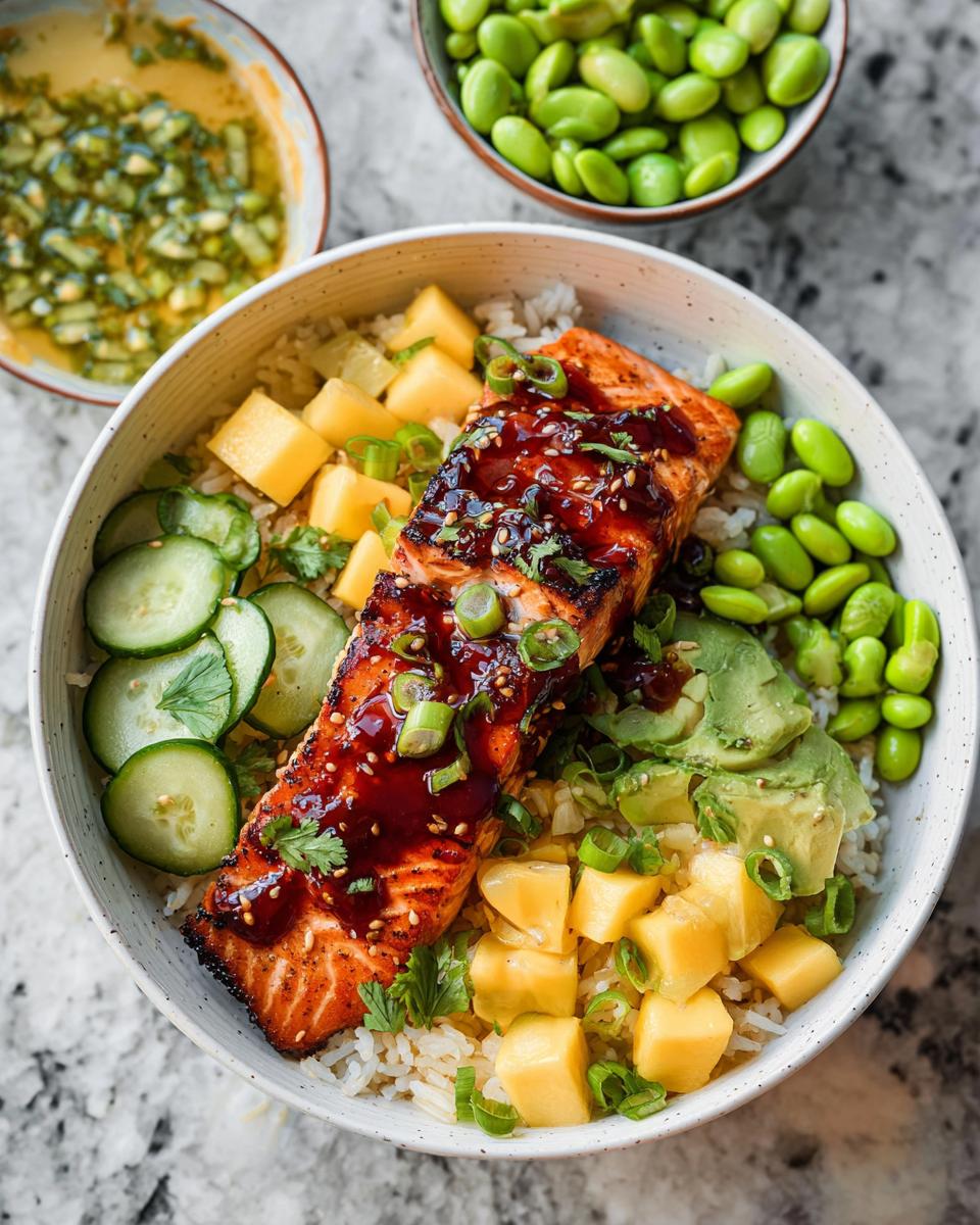 A vibrant Salmon Bowl featuring glazed salmon, rice, avocado, mango, cucumber, and edamame.