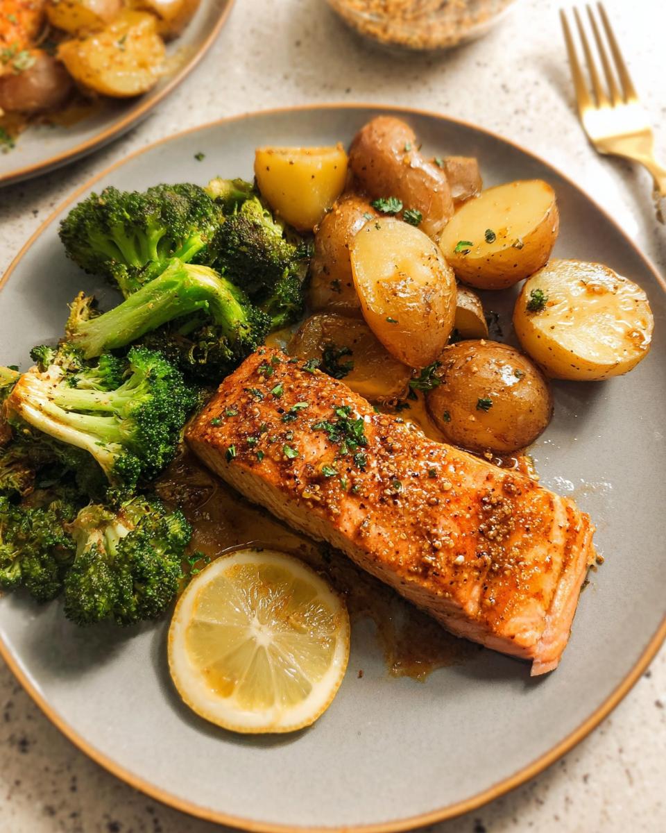 A healthy and delicious salmon fillet with roasted broccoli and potatoes, perfect for dinner ideas for busy weeknights.