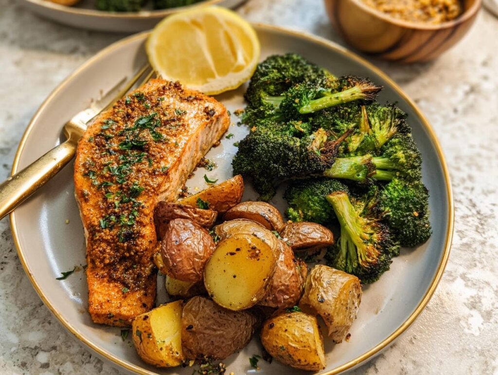 A plate of baked salmon, roasted broccoli, and potatoes, perfect for dinner ideas for busy weeknights.