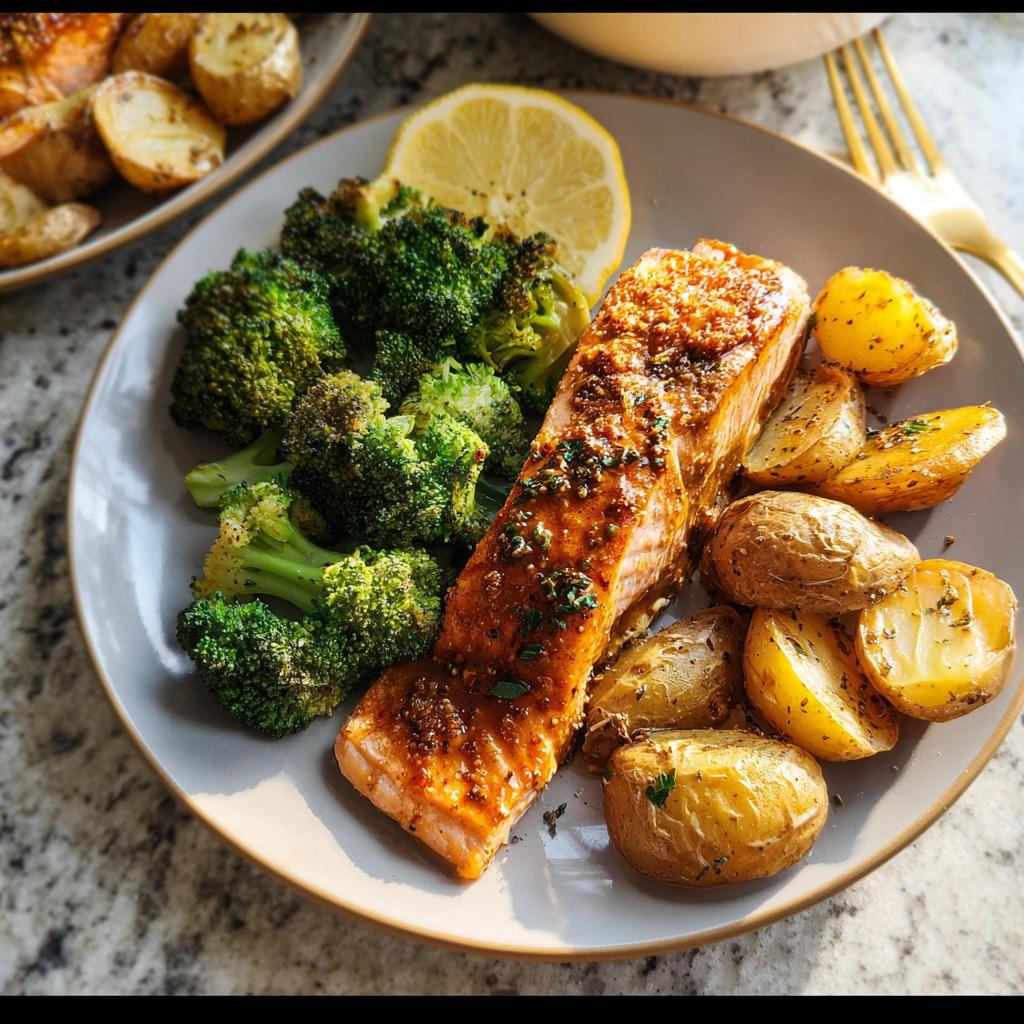 A perfectly cooked salmon fillet with a glaze, served alongside roasted broccoli and potatoes. A great option for Dinner Ideas for Busy Weeknights.