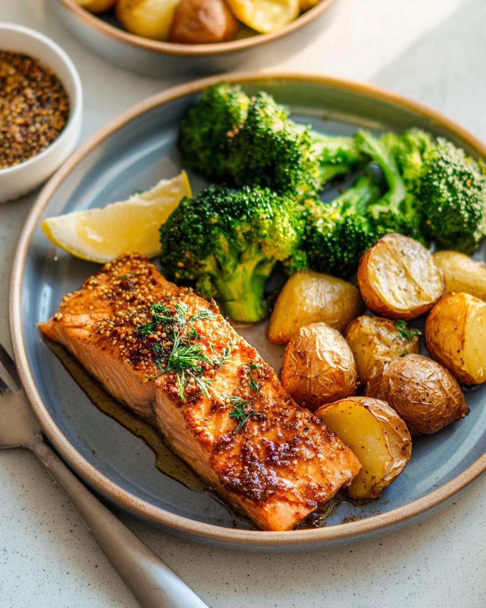 A delicious and healthy meal featuring baked salmon, roasted potatoes, and steamed broccoli, perfect for dinner ideas for busy weeknights.