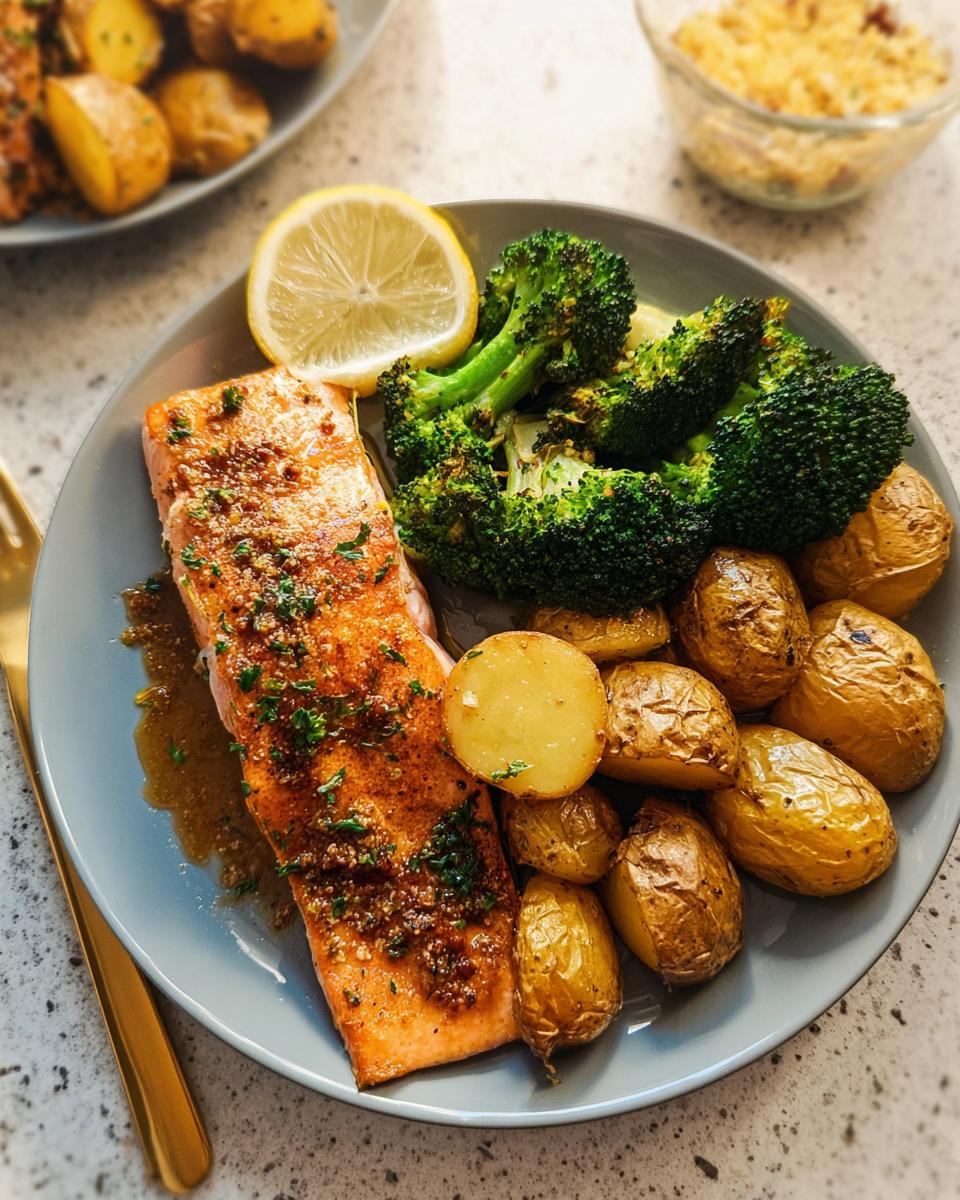 A plate of salmon with roasted potatoes and broccoli, a perfect meal for dinner ideas for busy weeknights.