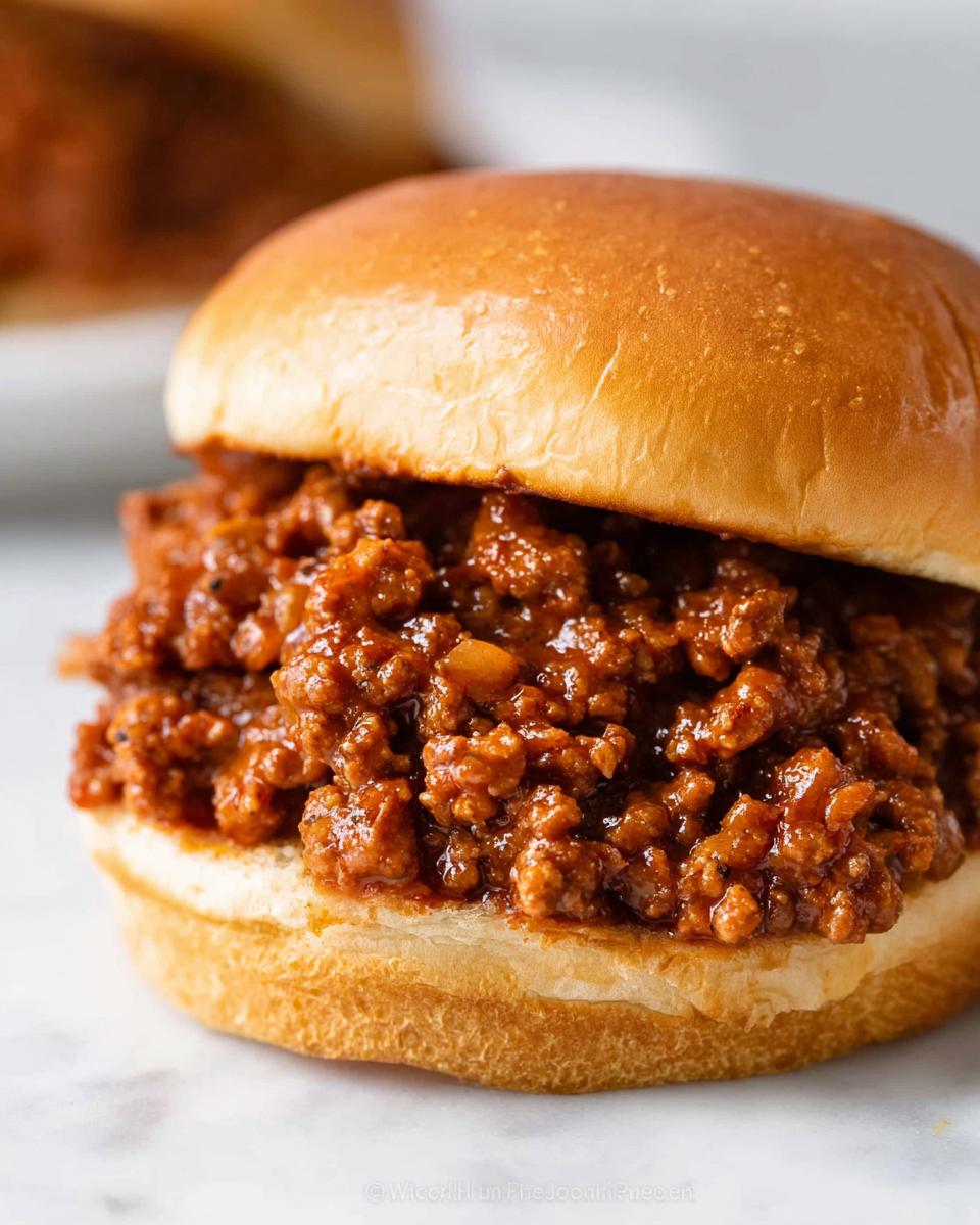 A close-up shot of a delicious Sloppy Joes sandwich filled with saucy ground meat mixture on a toasted bun.