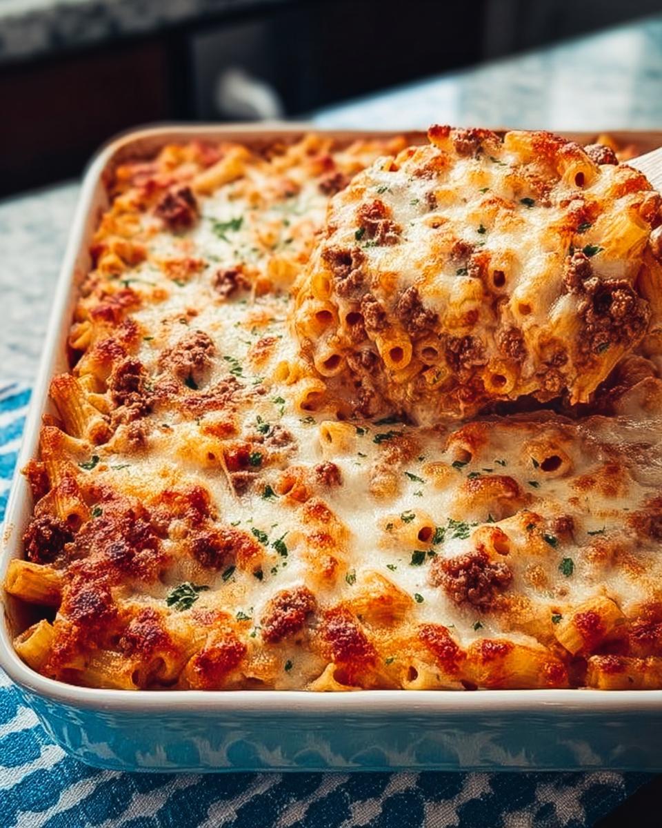 A wooden spoon lifts a portion of cheesy Baked Ziti with Ground Beef from a blue baking dish.