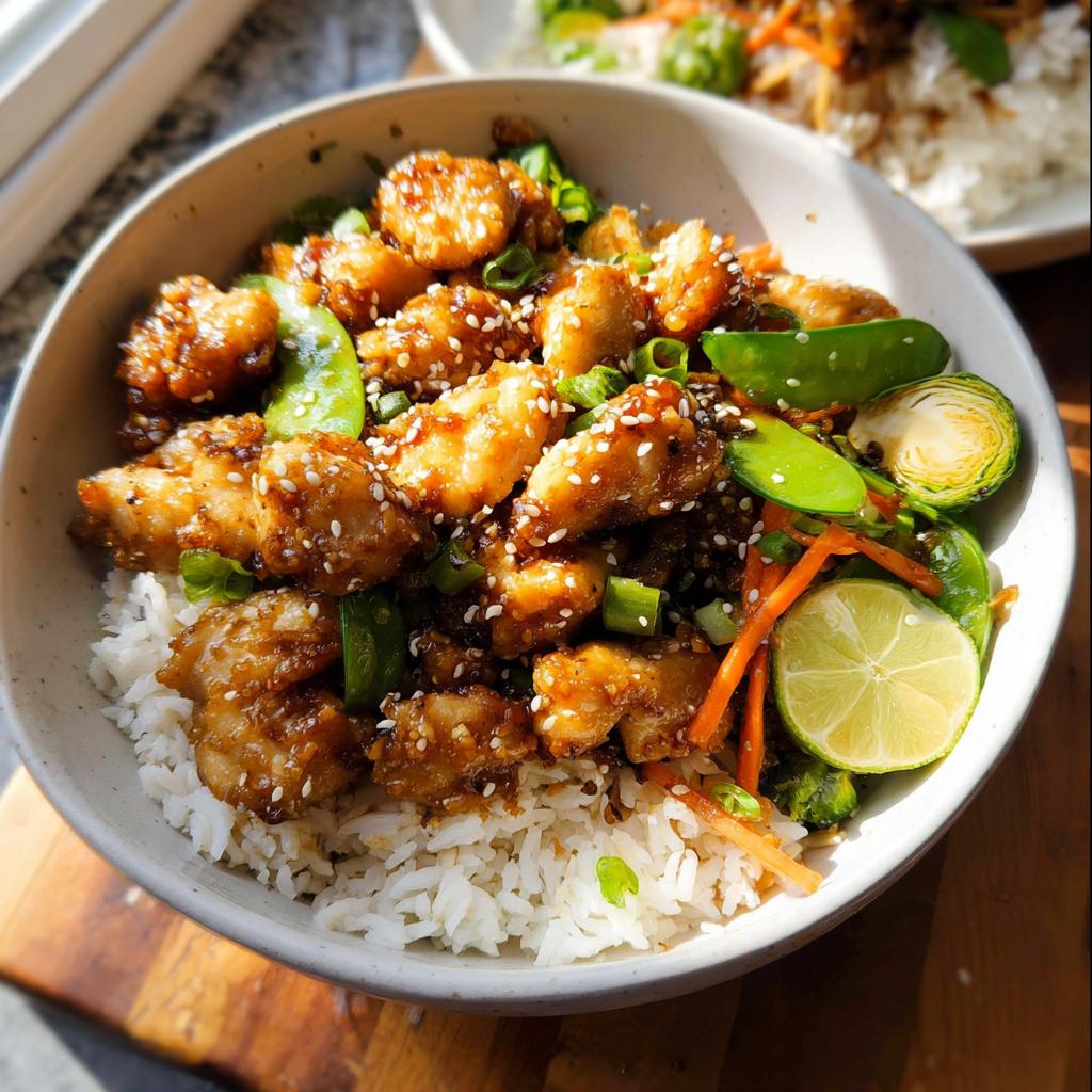 Close-up of a sesame chicken bowl served over white rice with snap peas and a lime wedge, one of 15 Healthy Dinner Ideas.