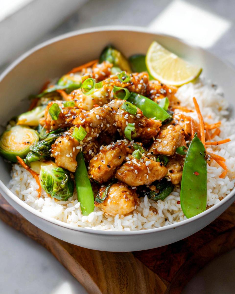A vibrant bowl featuring sesame-glazed chicken pieces served over white rice with Brussels sprouts, snow peas, and a lime wedge.