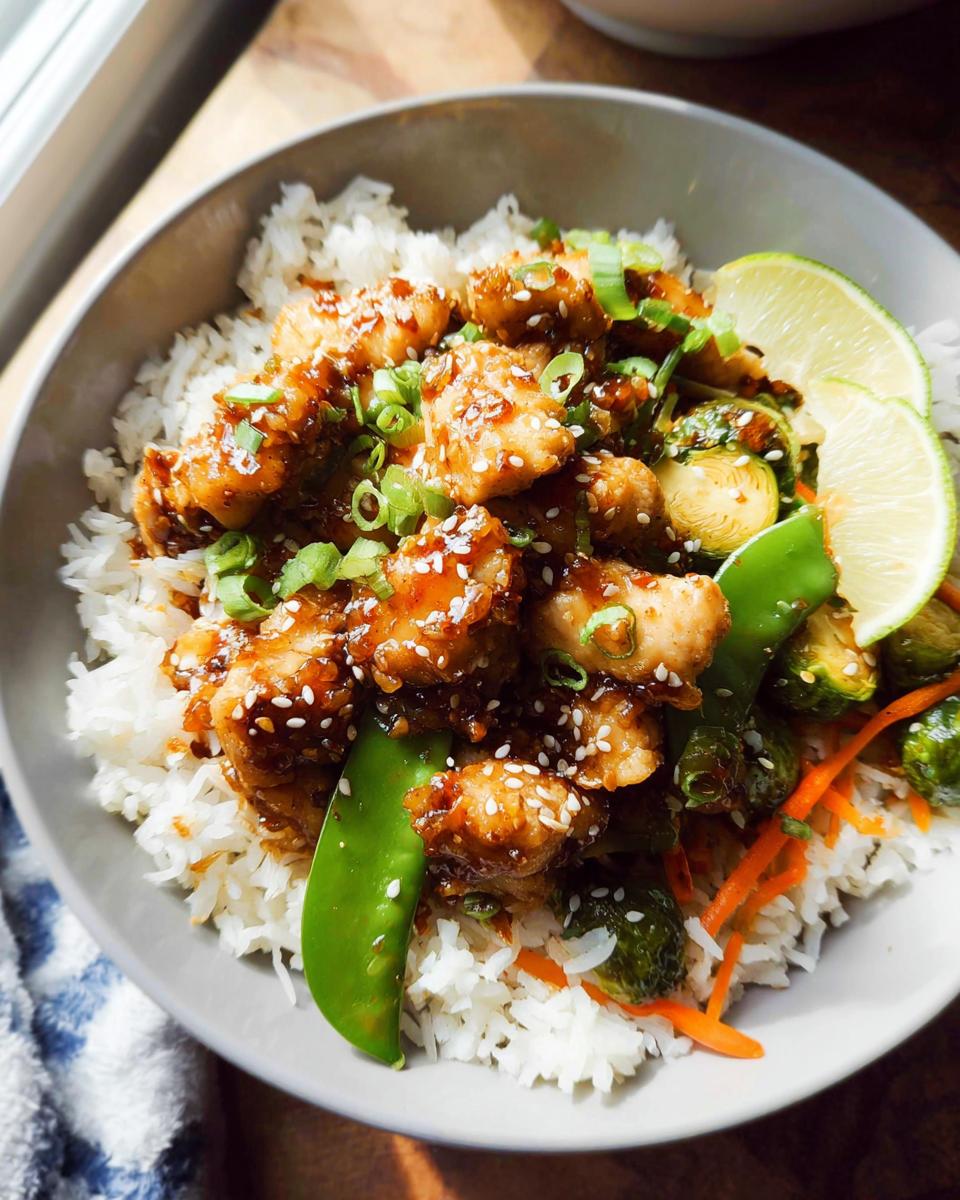 A bowl featuring sesame glazed chicken pieces over white rice with Brussels sprouts, snow peas, and lime slices, perfect for 15 Healthy Dinner Ideas.