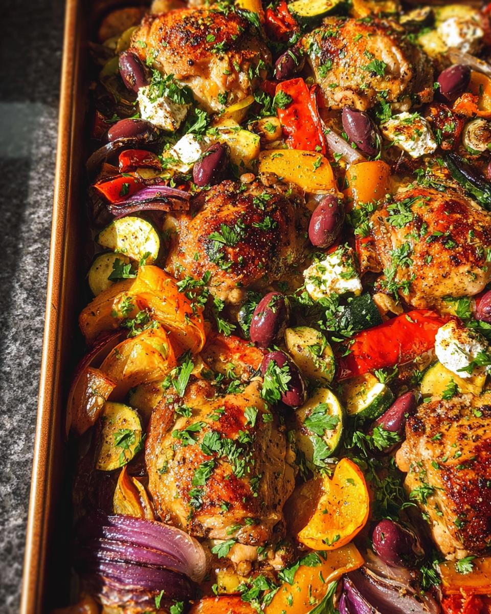 Close-up of crispy Sheet Pan Chicken & Veggies with roasted peppers, zucchini, onions, olives, and feta.