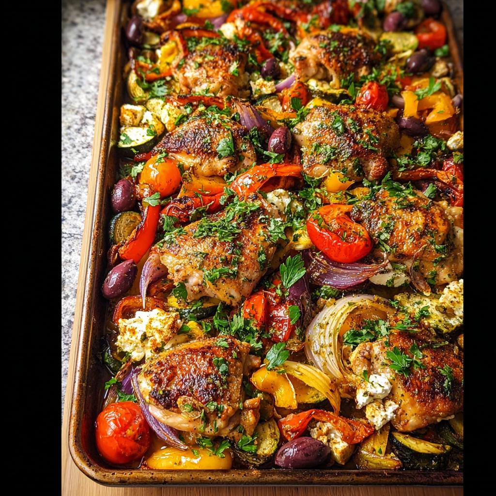 A full sheet pan of roasted Sheet Pan Chicken & Veggies with crispy skin, colorful peppers, onions, tomatoes, and olives, topped with parsley.