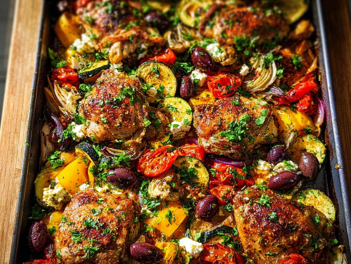 Close-up of golden-brown Sheet Pan Chicken & Veggies with roasted zucchini, tomatoes, olives, and feta.