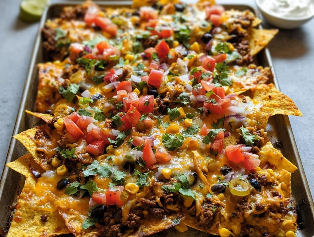 A close-up of fully loaded Sheet Pan Nachos covered in melted cheese, ground meat, corn, black beans, tomatoes, and cilantro.