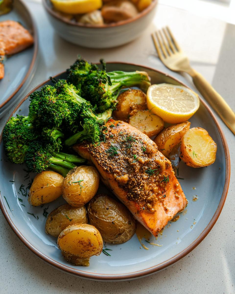 A delicious plate of salmon with roasted potatoes and broccoli, perfect for dinner ideas for busy weeknights.