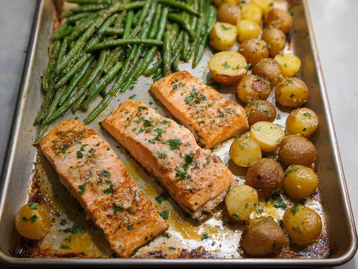 Three salmon fillets roasted on a sheet pan with baby potatoes and green beans, seasoned with herbs.