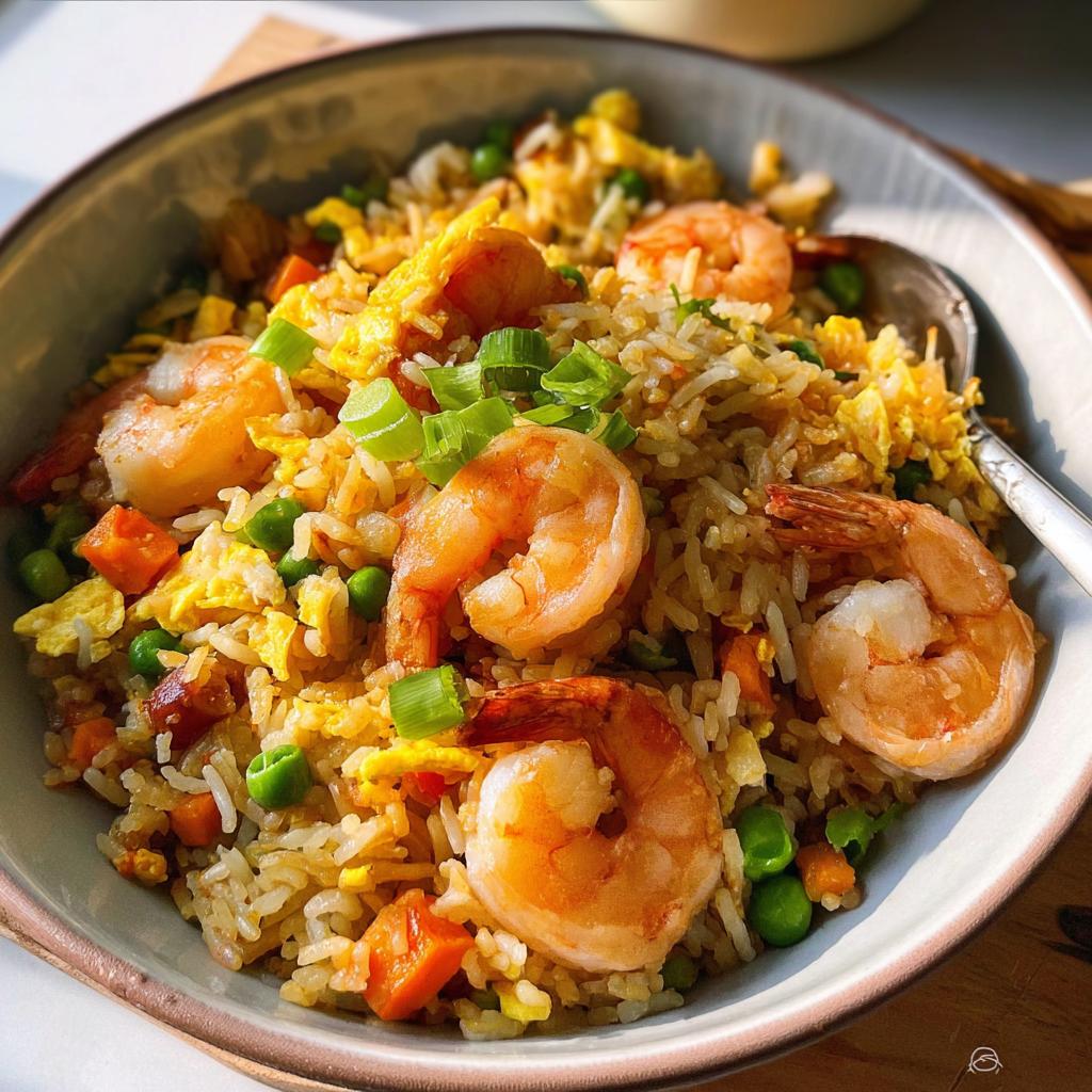 A close-up of a bowl filled with delicious Shrimp Fried Rice (Better-For-You), featuring plump shrimp, peas, carrots, and scrambled egg.