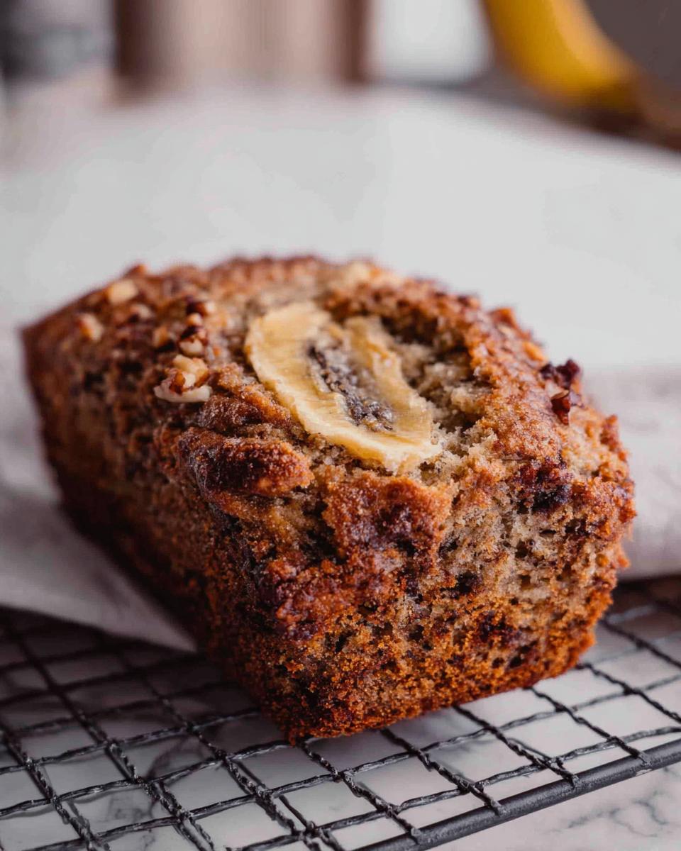 A single, perfectly baked Banana Bread Minis loaf topped with a banana slice and walnuts, resting on a wire cooling rack.