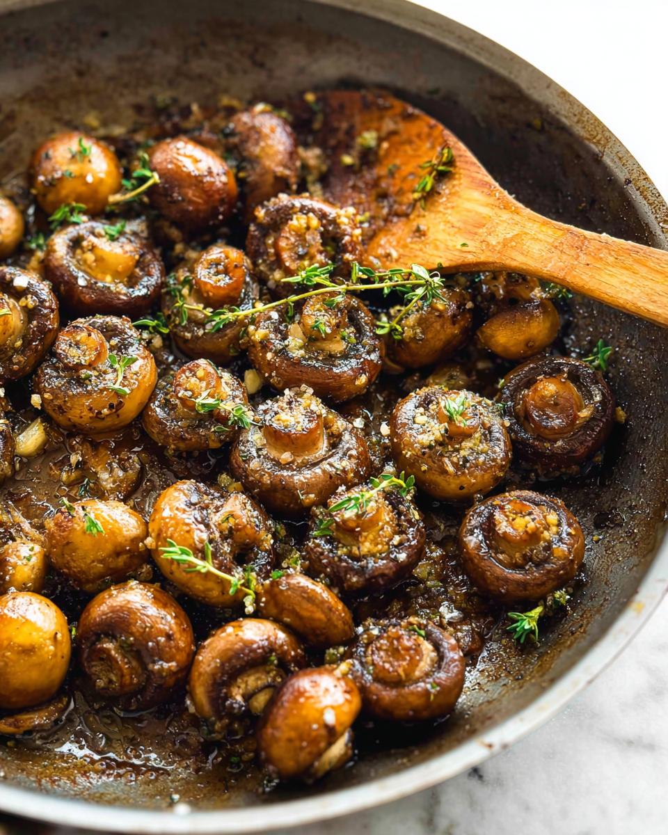 Close-up of whole button mushrooms sautéed in a skillet with garlic butter and fresh thyme sprigs.
