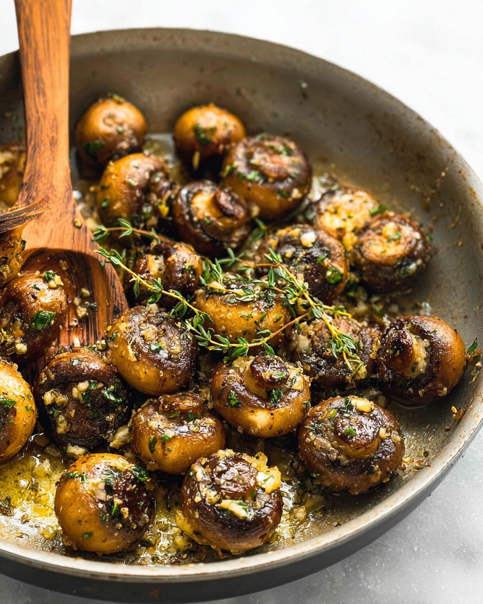 Close-up of whole, browned Garlic Butter Mushrooms sizzling in butter, garlic, and herbs in a skillet.