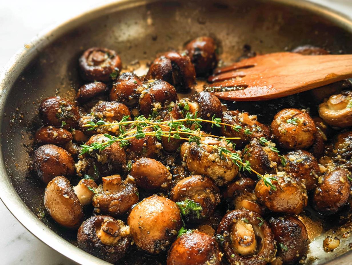 Close-up of whole brown mushrooms being cooked in a skillet with garlic butter sauce and fresh thyme sprigs.