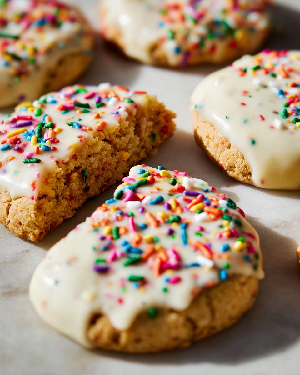 Close-up of several Slice-and-Bake Party Cookies topped with thick white icing and colorful sprinkles.