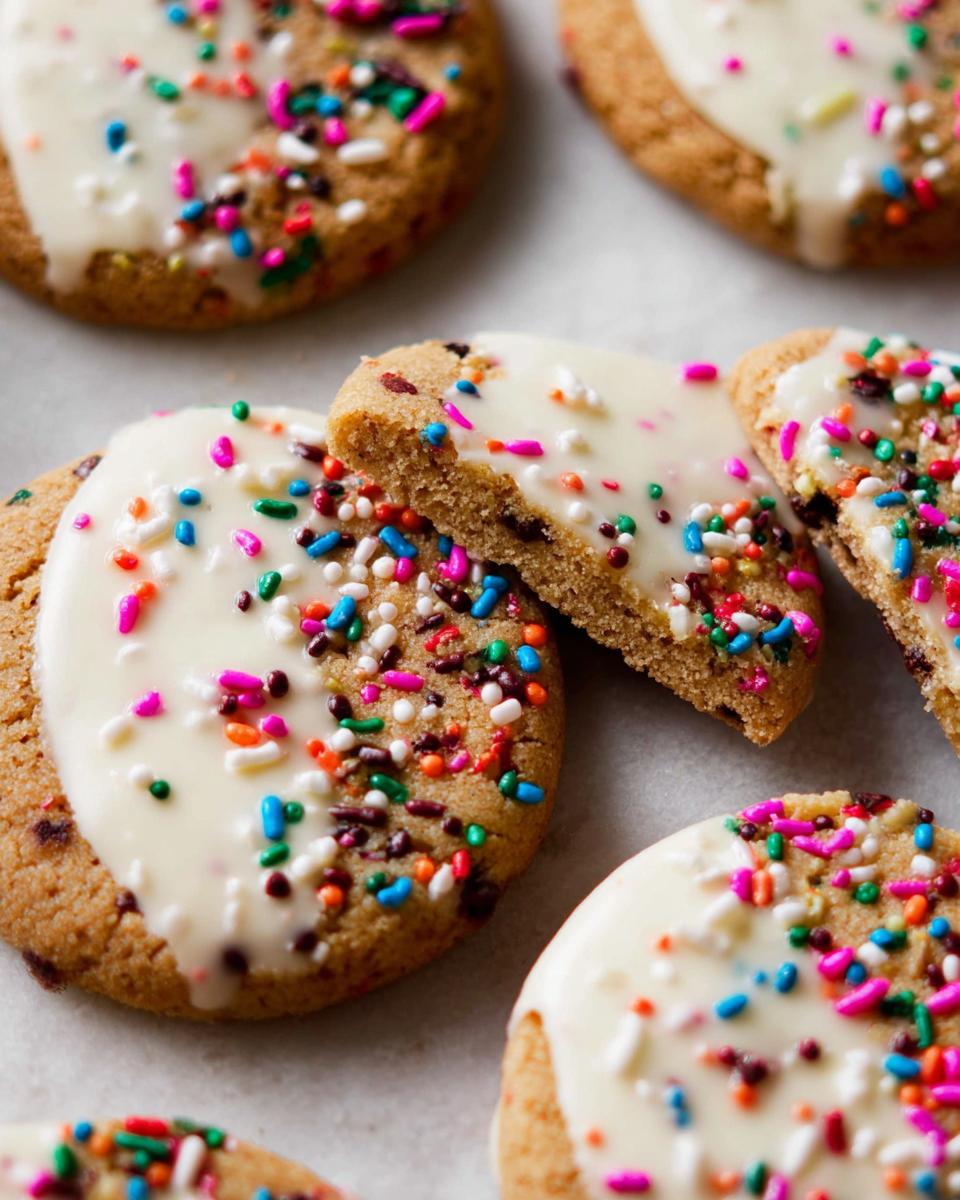 Close-up of several Slice-and-Bake Party Cookies topped with white icing and colorful rainbow sprinkles.