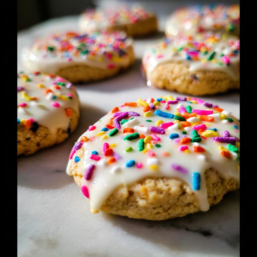 Close-up of a freshly frosted Slice-and-Bake Party Cookie topped with colorful sprinkles.
