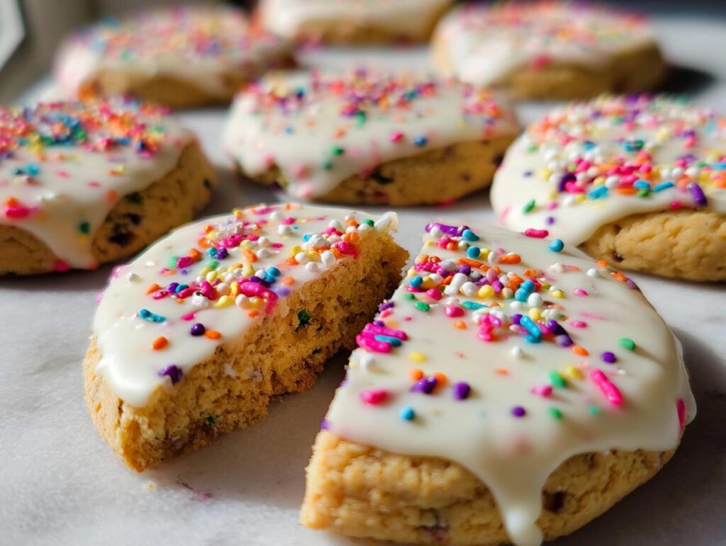 A close-up of a Slice-and-Bake Party Cookie cut in half, topped with thick white icing and colorful sprinkles.