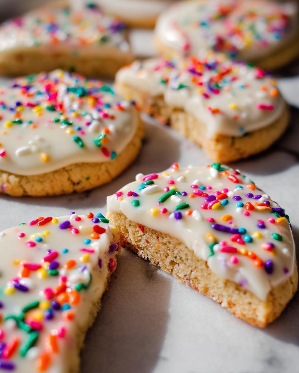 Close-up of thick Slice-and-Bake Party Cookies topped with white frosting and colorful sprinkles.