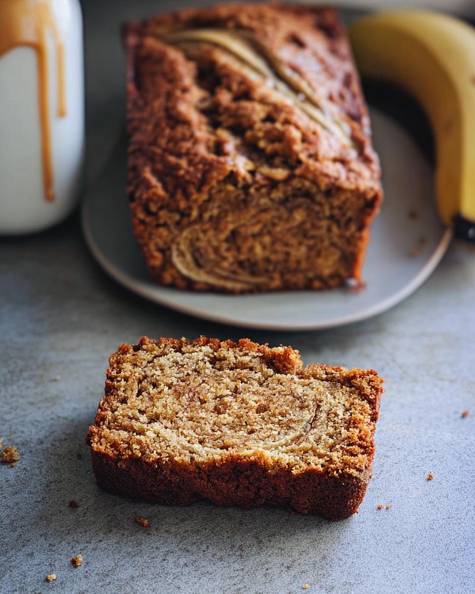 A thick slice of moist Peanut Butter Banana Bread in the foreground, with the rest of the loaf visible in the background.