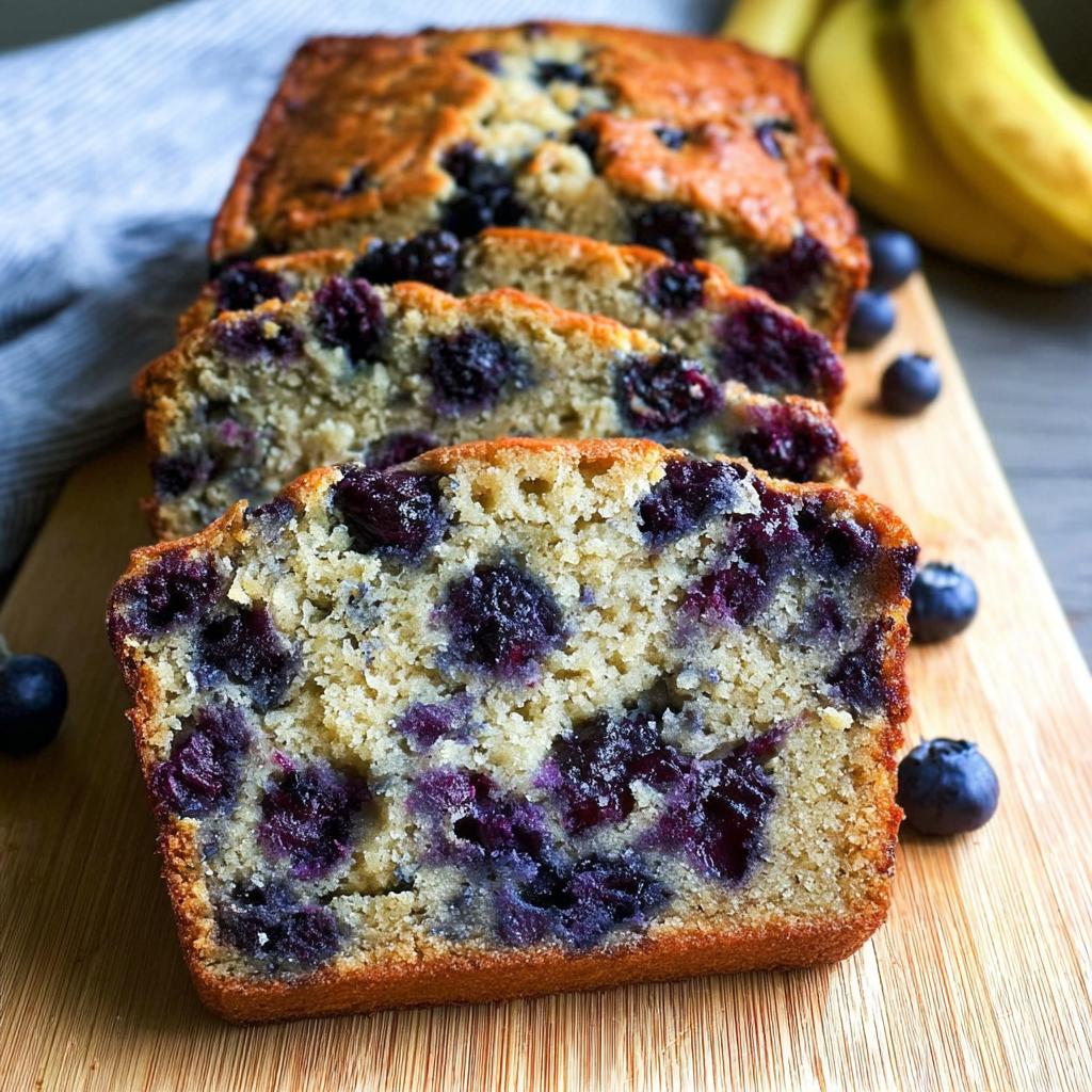 Close-up of moist Blueberry Banana Bread, sliced on a wooden board with fresh blueberries and bananas visible.