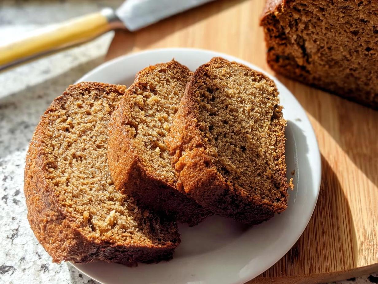 Three moist slices of One Bowl Banana Bread served on a white plate, with the rest of the loaf visible in the background.