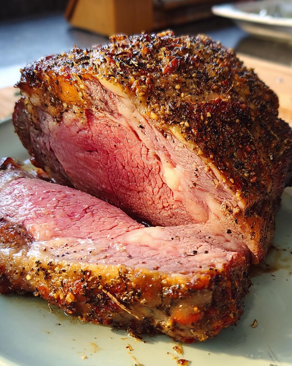 Close-up of a juicy, medium-rare Small Prime Rib Roast (Serves 4–6) with a dark, seasoned crust.