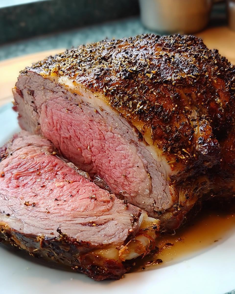 Close-up of a perfectly cooked Small Prime Rib Roast, sliced to show medium-rare pink center and herb crust.