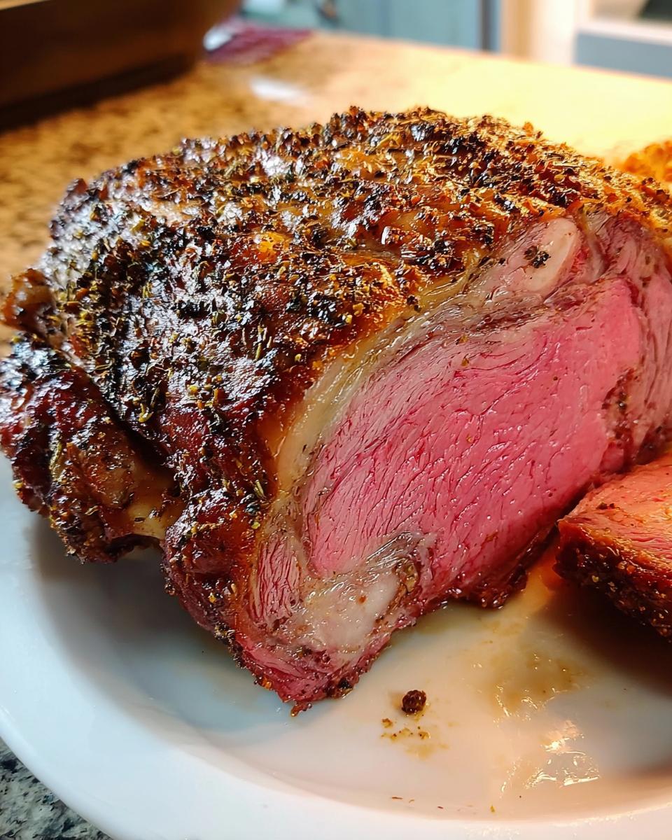 Close-up of a Small Prime Rib Roast showing a perfectly medium-rare pink center and a dark, herb-crusted exterior.
