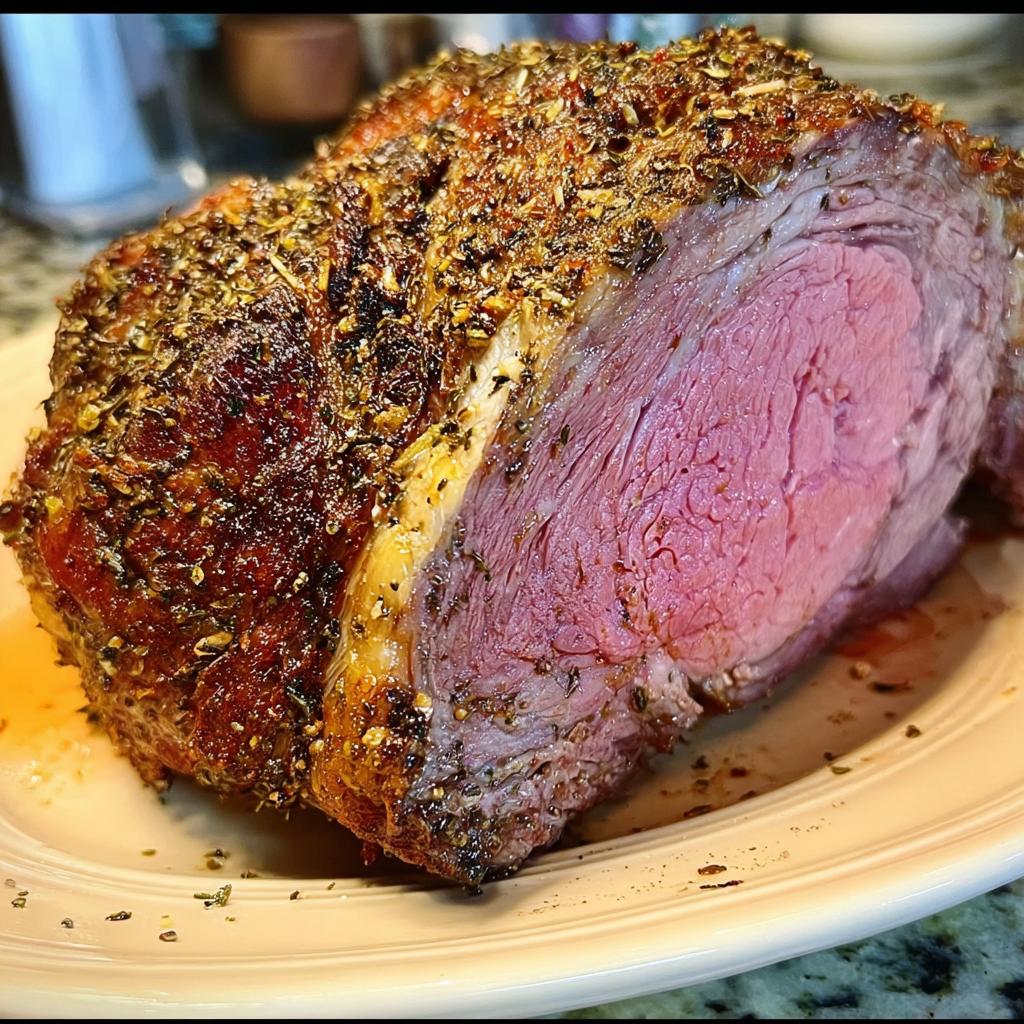 Close-up of a perfectly cooked Small Prime Rib Roast with a dark herb crust and medium-rare pink interior.