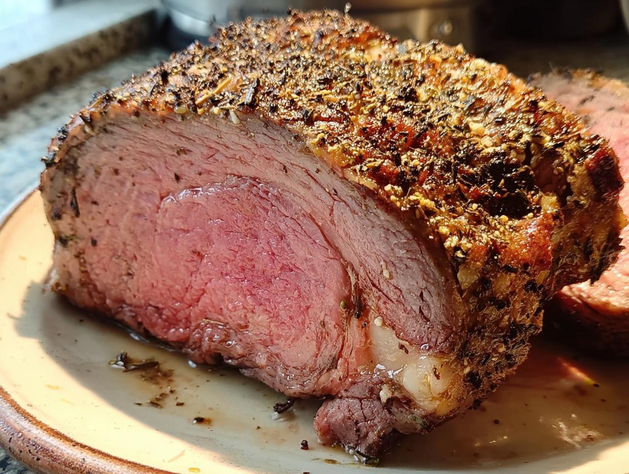 Close-up of a medium-rare Small Prime Rib Roast with a heavily seasoned, dark crust resting on a plate.