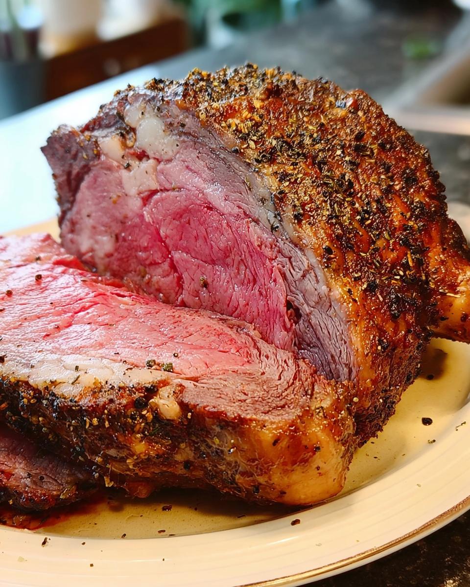 Close-up of a perfectly cooked Small Prime Rib Roast, showing a deep pink medium-rare center and a heavily seasoned crust.