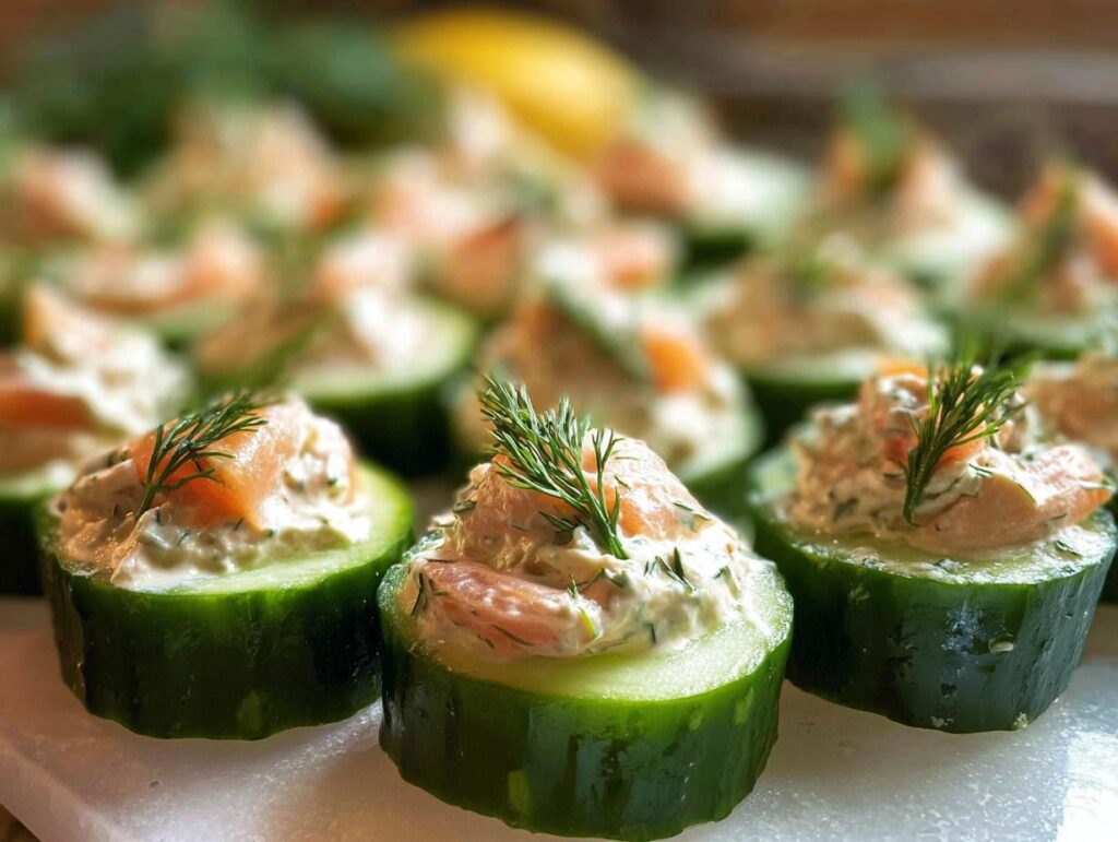 Close-up of several Smoked Salmon Cucumber Bites topped with creamy dill spread and fresh dill sprigs.