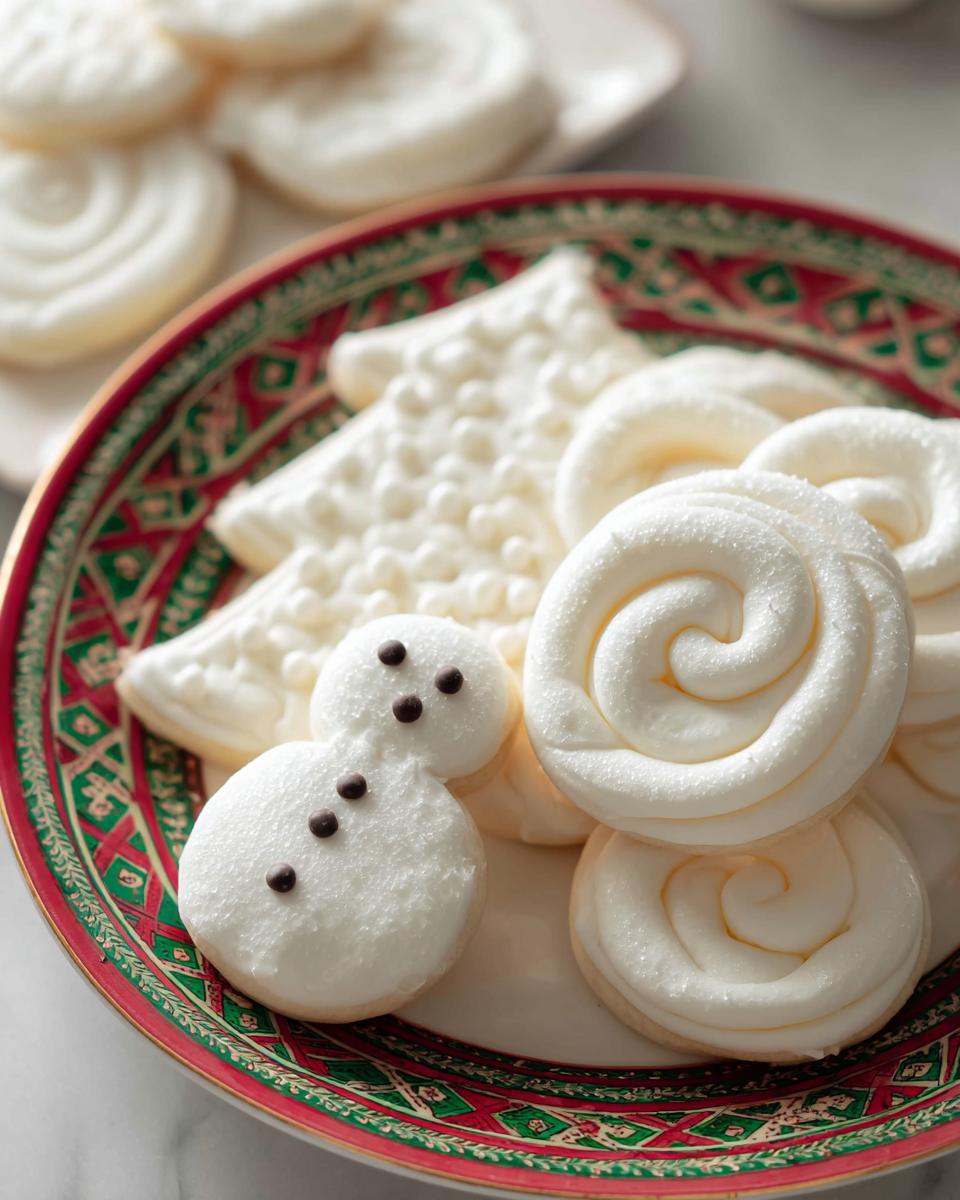 Close-up of holiday cookies decorated with thick white Royal Icing for Decorated Cookies, including a snowman shape.