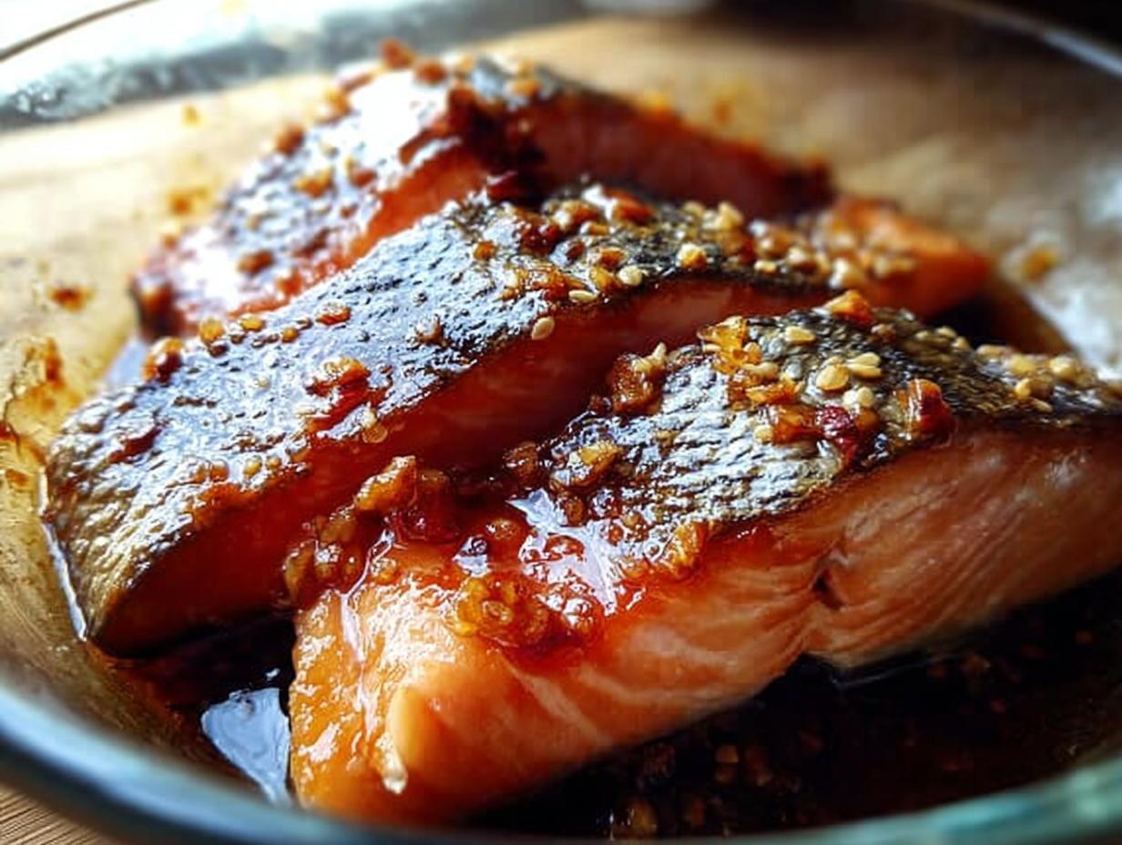 Three glistening pieces of Soy Ginger Salmon topped with sesame seeds resting in a rich, dark glaze.