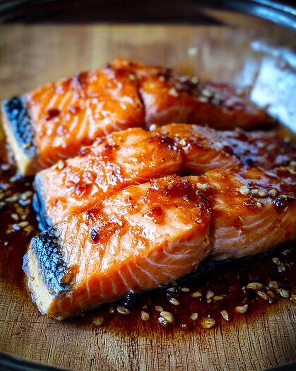 Three perfectly cooked fillets of Soy Ginger Salmon, glistening with a dark glaze and topped with sesame seeds.