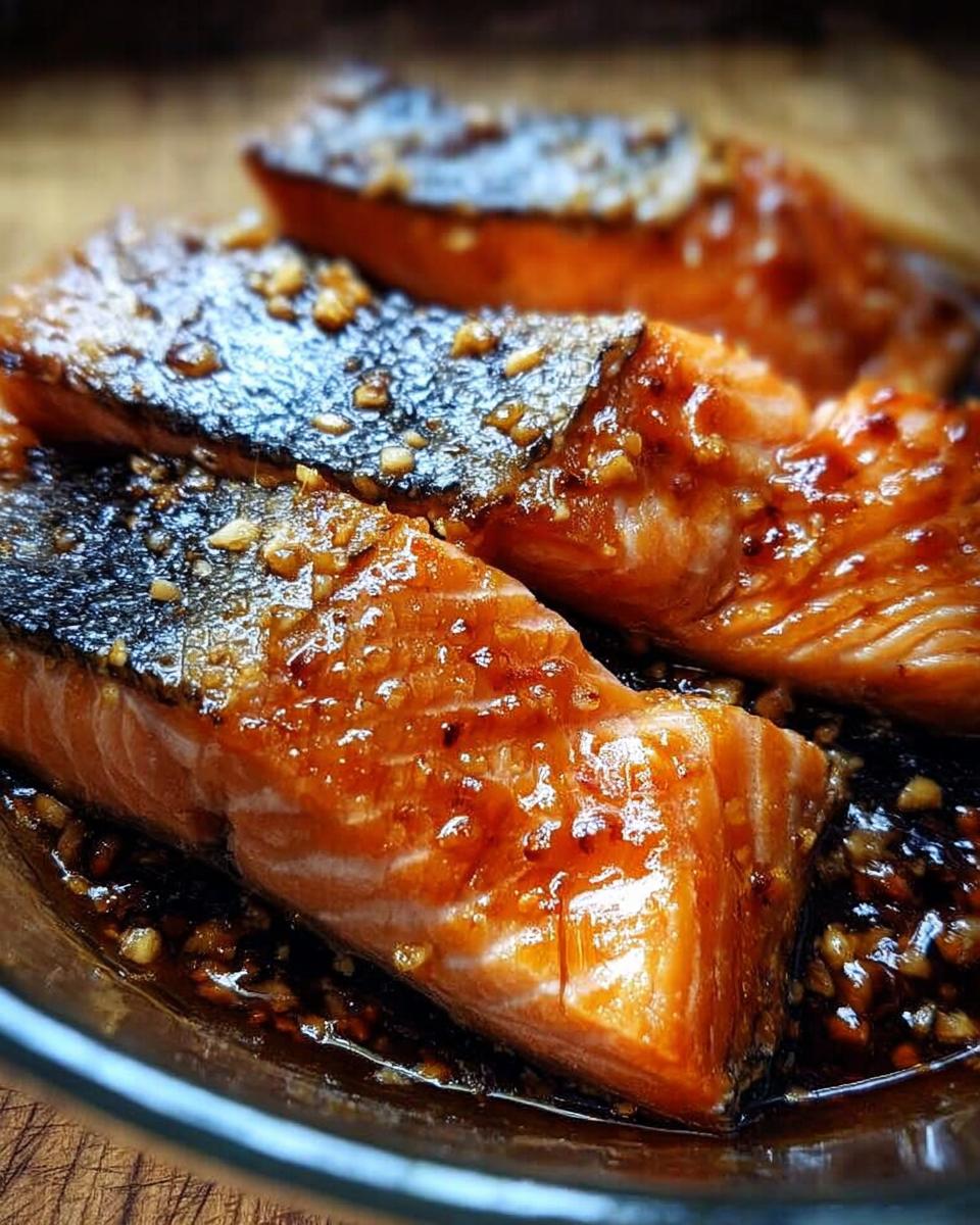 Close-up of three glazed Soy Ginger Salmon fillets soaking in a rich, dark marinade with minced garlic or ginger.