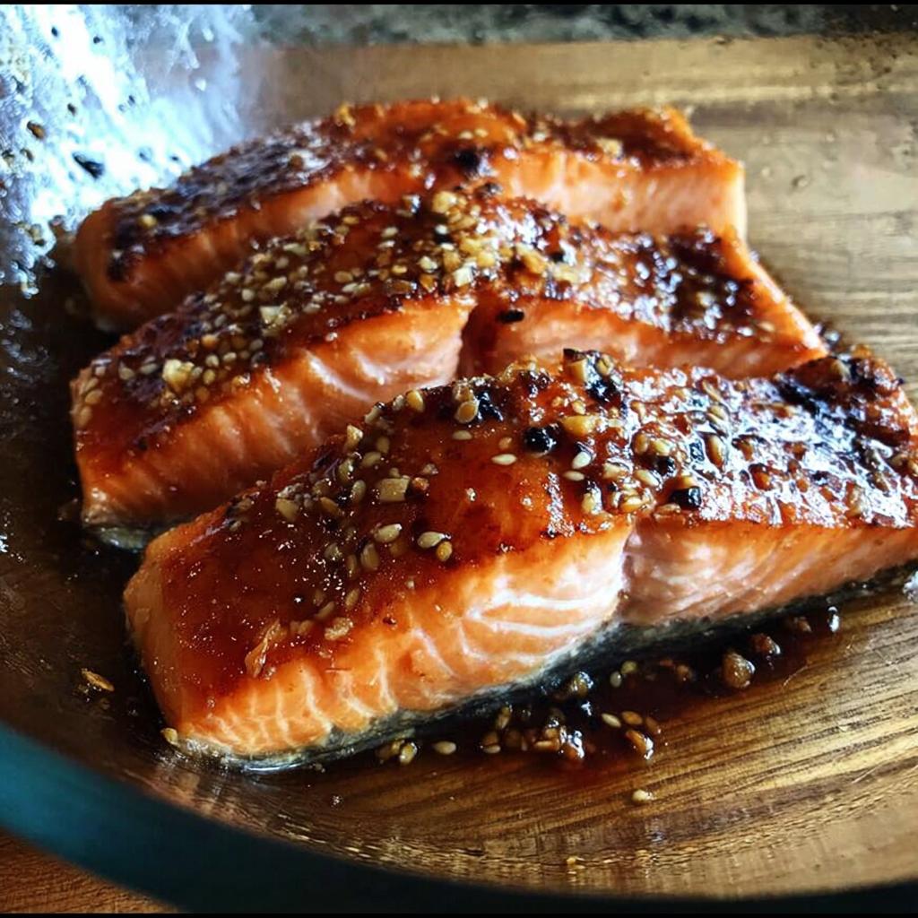 Three glistening fillets of Soy Ginger Salmon coated in a rich glaze and topped with sesame seeds.