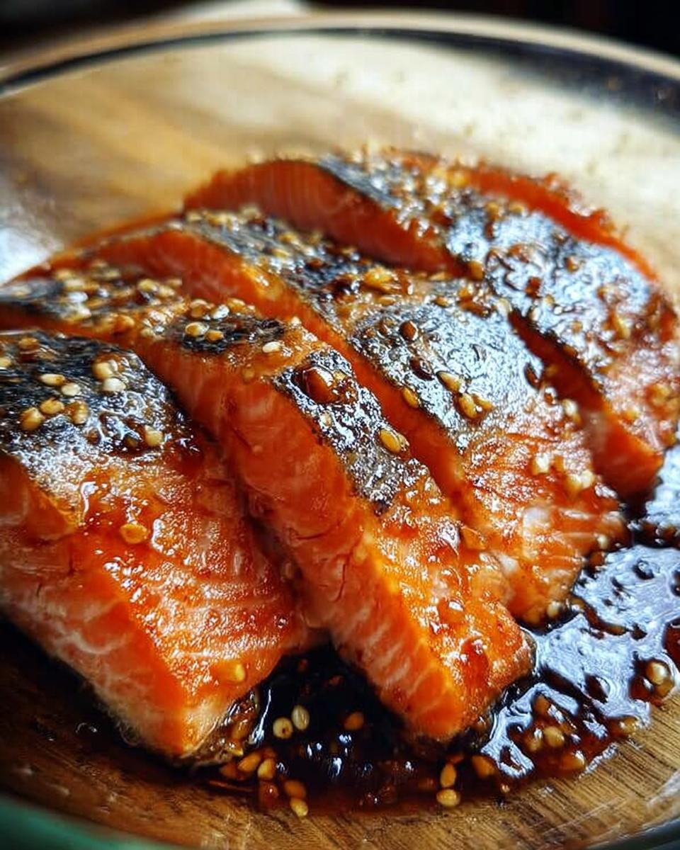 Close-up of four glistening slices of Soy Ginger Salmon coated in a dark, sweet glaze and sprinkled with sesame seeds.