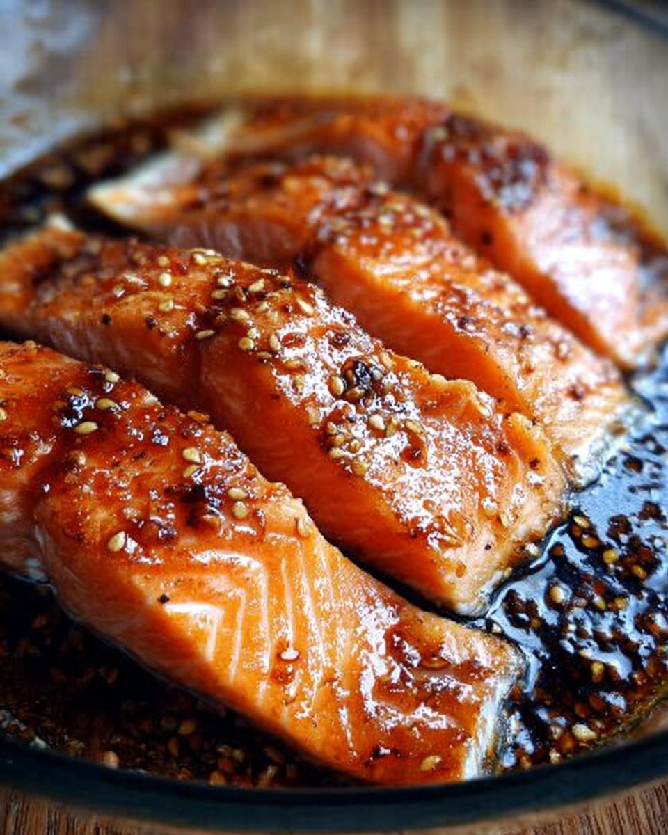 Four bright orange salmon fillets coated in a dark, glossy soy ginger glaze and sprinkled with sesame seeds.