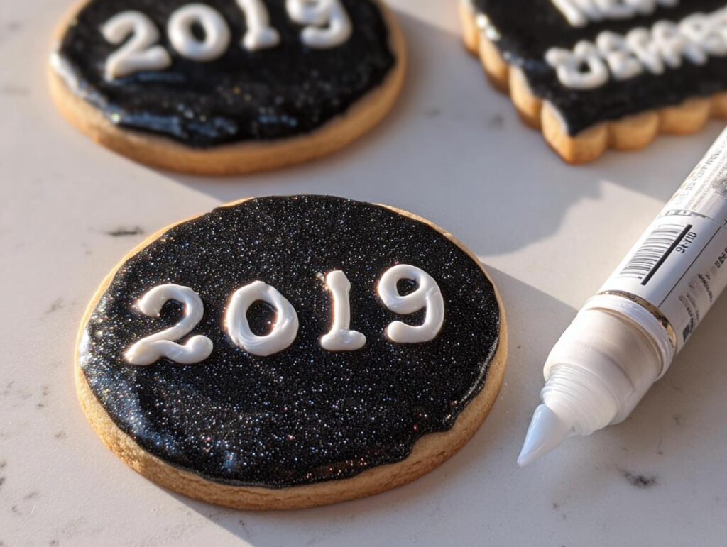 A close-up of a round sugar cookie decorated with black, sparkly icing and the year '2019' written in white icing, next to an icing pen.