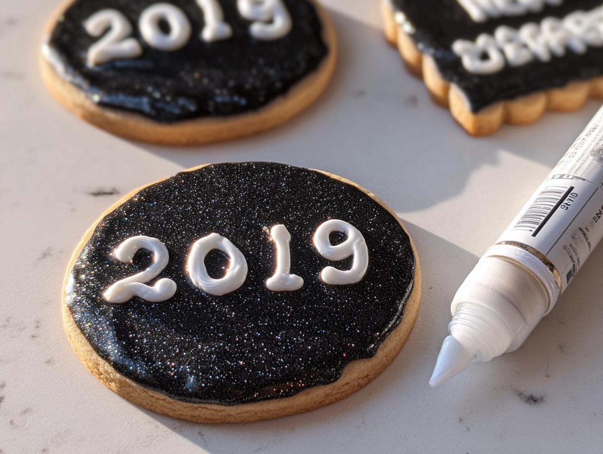 A close-up of a round sugar cookie decorated with black, sparkly icing and the year '2019' written in white icing, next to an icing pen.