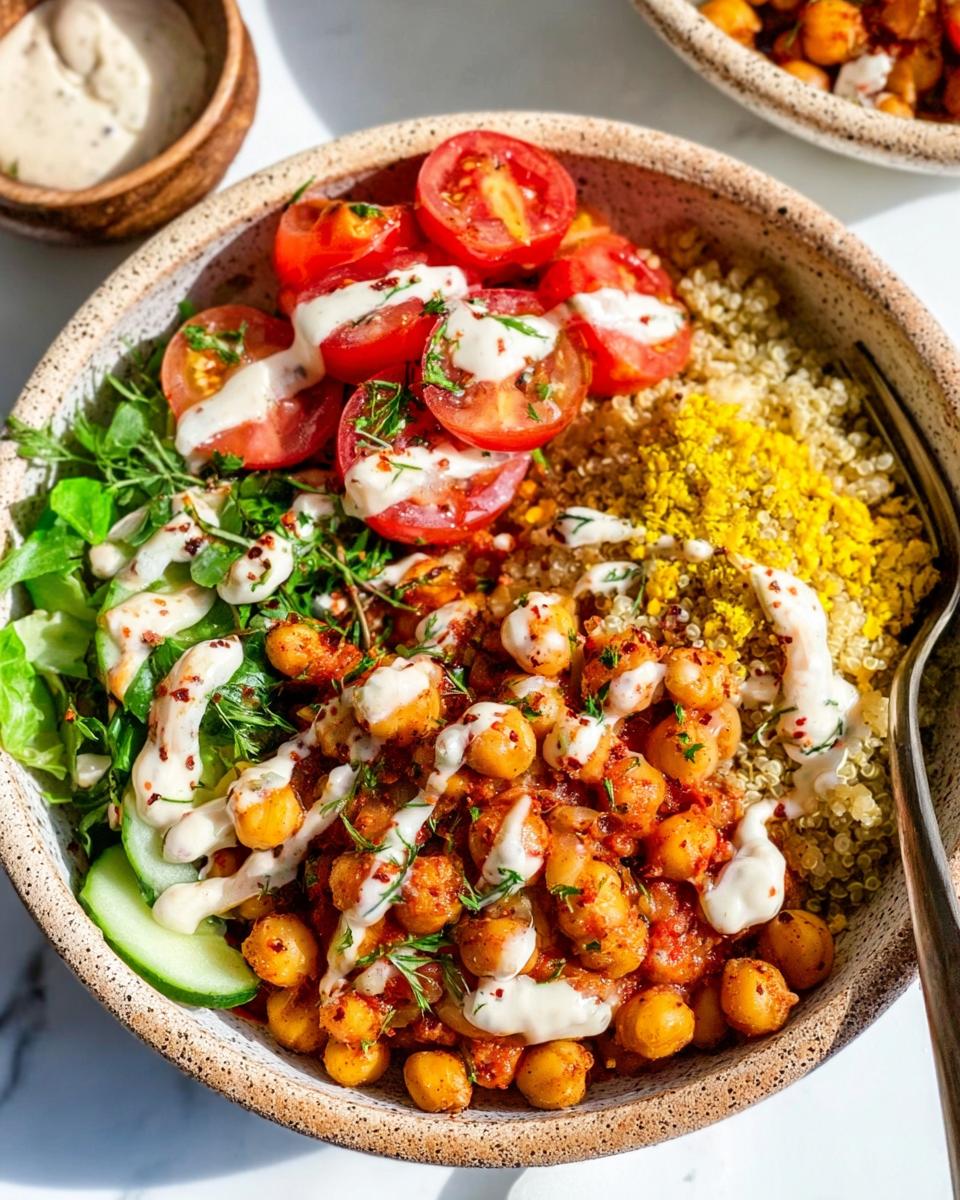 Close-up of a bowl featuring spicy chickpea bowls ingredients: seasoned chickpeas, quinoa, cherry tomatoes, greens, and a creamy drizzle.