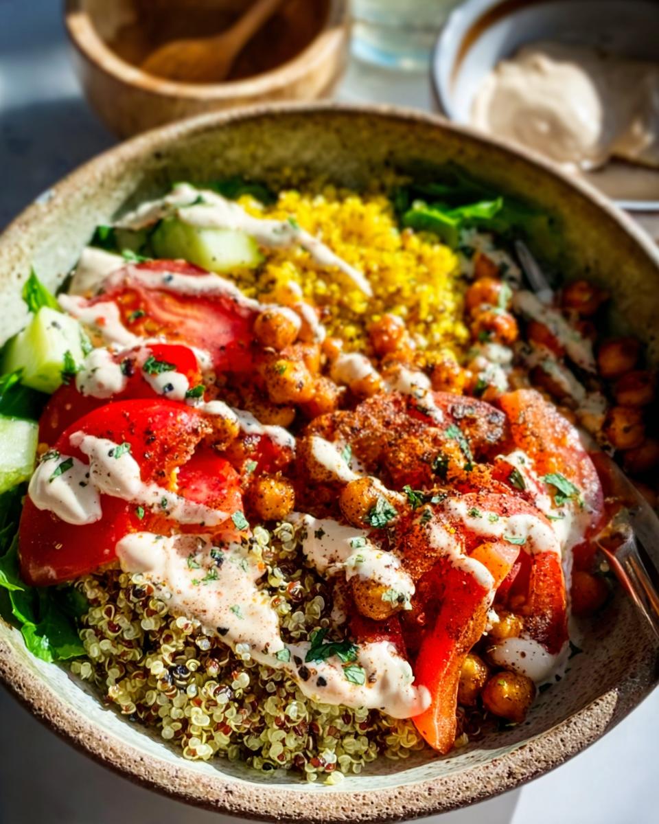 Close-up of a vibrant Spicy Chickpea Bowls featuring seasoned chickpeas, red tomatoes, yellow quinoa, and a creamy white sauce.